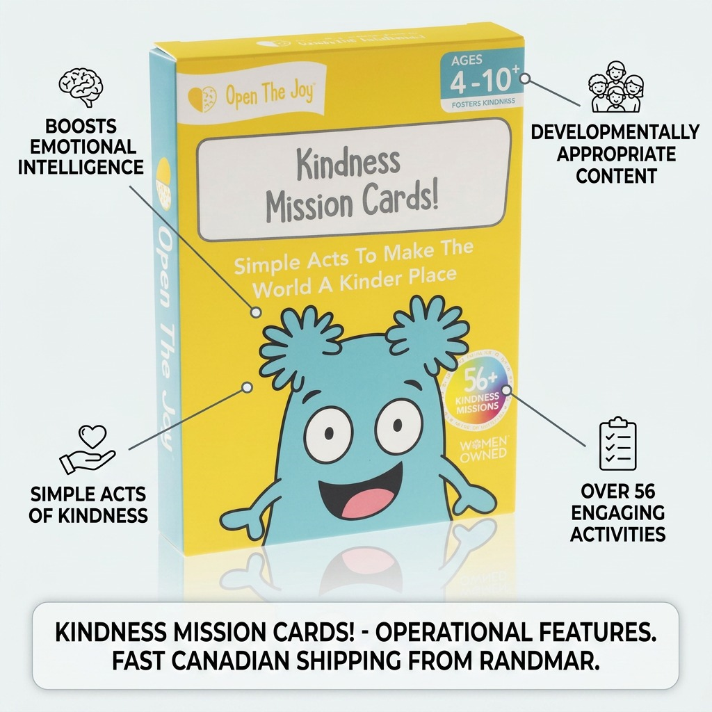 Open The Joy Kindness Mission Cards box with feat. callouts: EQ boost, 56+ missions, 4-10 ages.