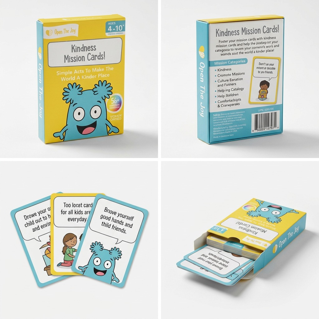 3 views of the fdmt Kindness Mission Cards! box, showing front, back, and a top-down angle of cards.