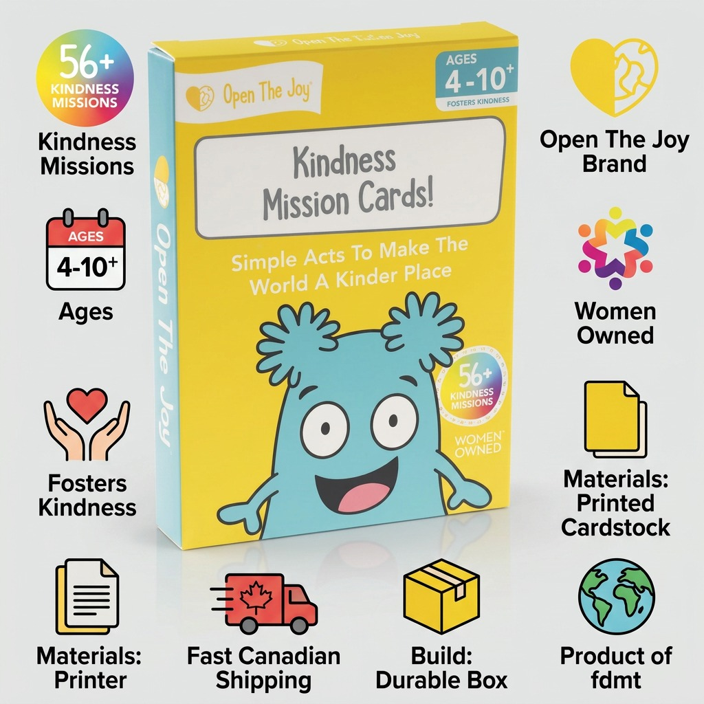 Confidence infographic for Open The Joy Kindness Mission Cards, detailing features, Canadian fast shipping, and materials, with central product image.