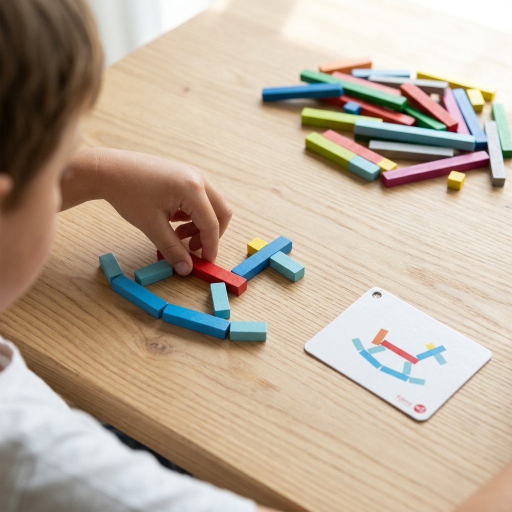 A child's hand using fdmt Number Rods on a light wooden table with cards, in a bright learning space.