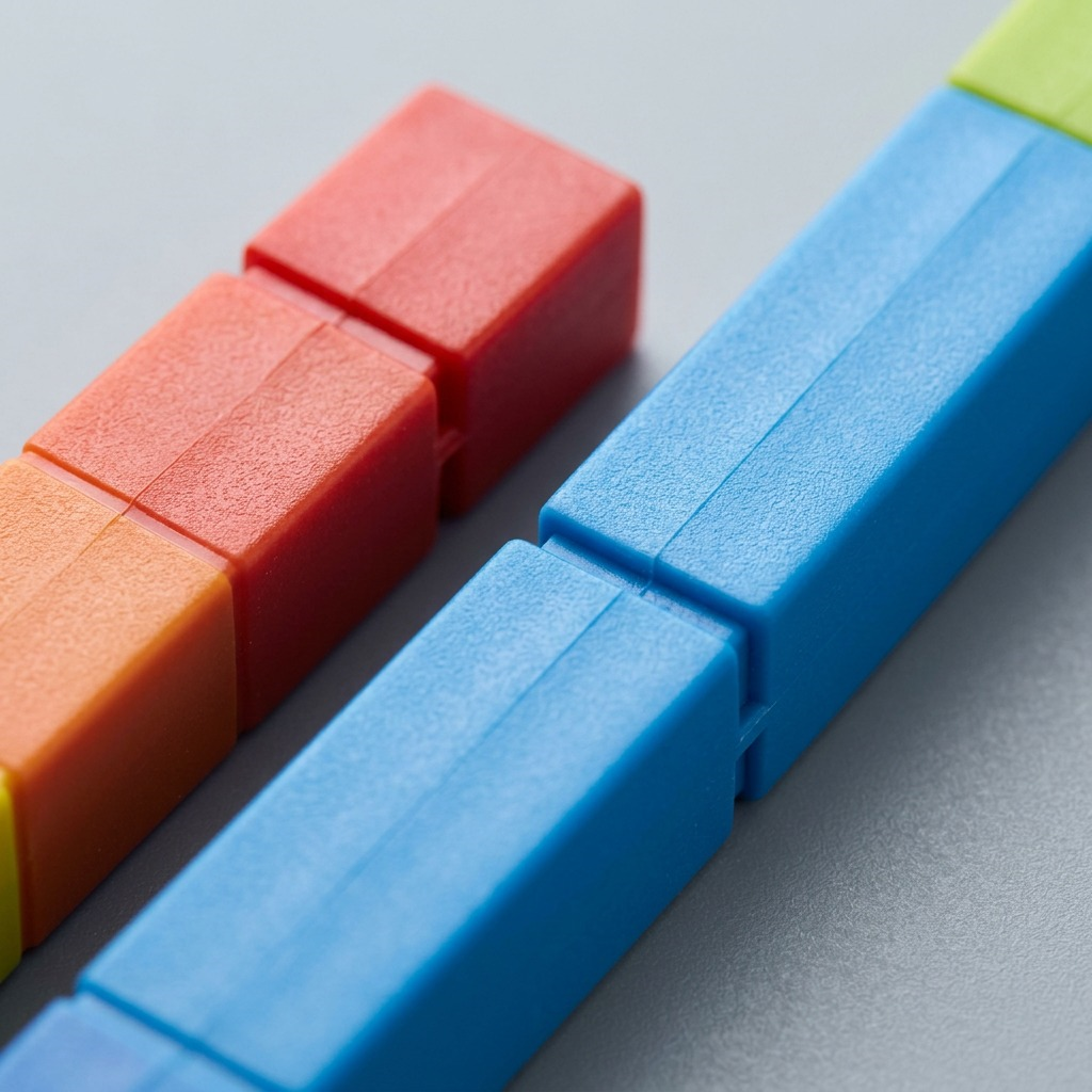 Extreme macro shot showing the interconnected gradient and segmented plastic blocks of fdmt Busy Play Number Rods.