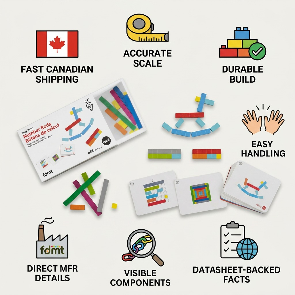 An infographic for the fdmt Number Rods highlighting Canadian shipping and high-quality build.