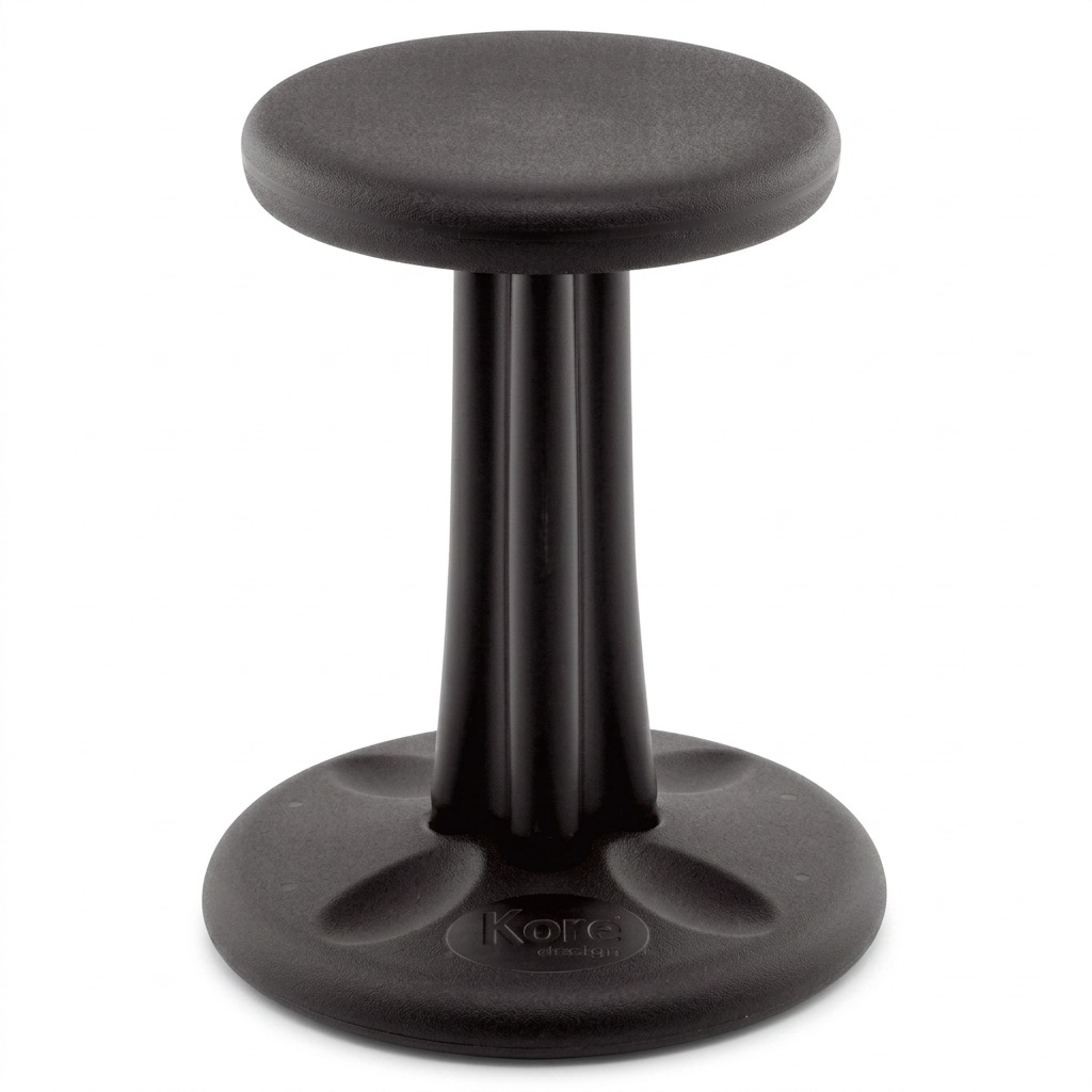 Black fdmt Kore Wobble Stool, 40cm height, with rounded seat and active sitting base on white background.