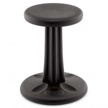 Black fdmt Kore Wobble Stool, 40cm height, with rounded seat and active sitting base on white background.