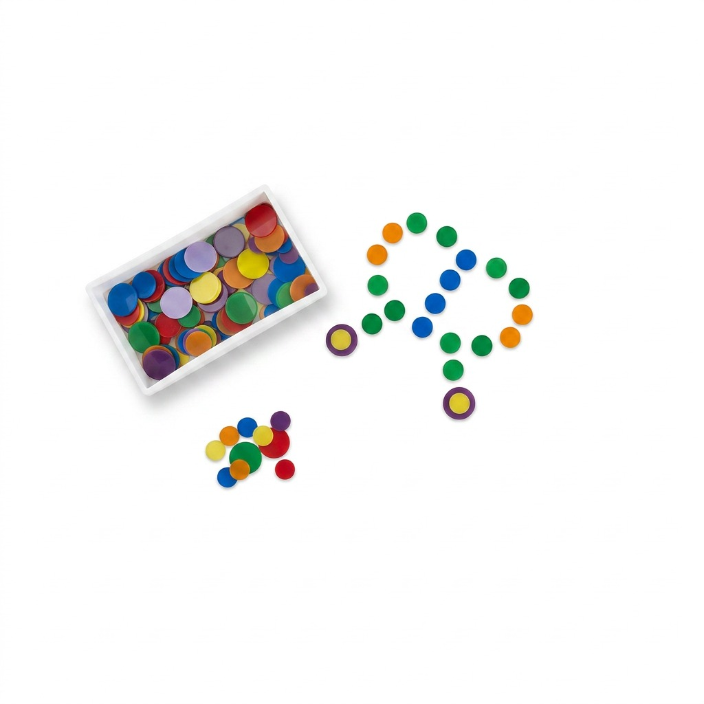 Clean hero shot of fdmt Busy Play Round Chips kit with open tray, complex shape, and loose pieces on white background.