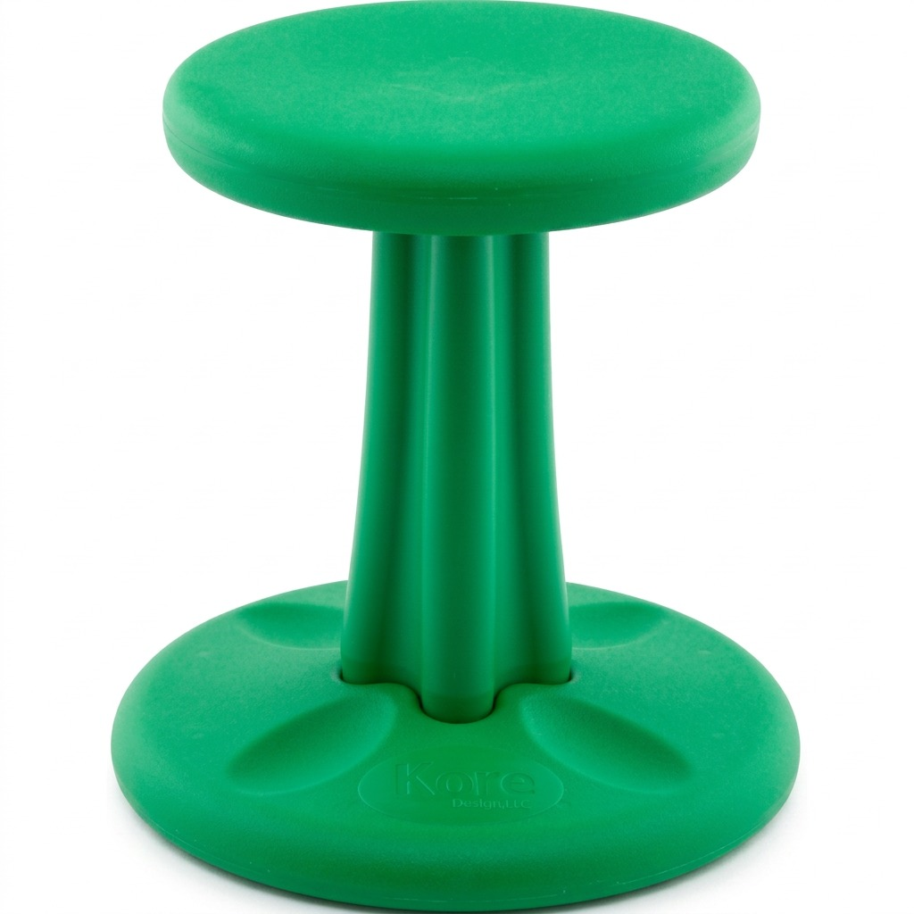Green fdmt Kore Wobble Stool 36cm for active kids' sitting, featured on a white background.