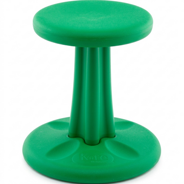 Green fdmt Kore Wobble Stool 36cm for active kids' sitting, featured on a white background.