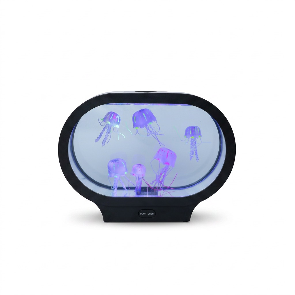 fdmt Jellyzen Oval Jellyfish Lamp with realistic glowing jellyfish and blue LED sensory lighting.