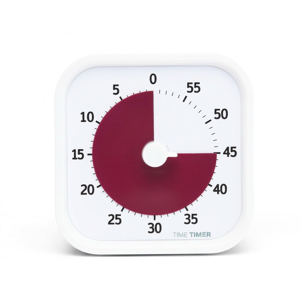 A high-resolution, centered view of the white square fdmt Time Timer MOD, showing a maroon disc set to 45 minutes, with black numeral markings, on a pure white background.
