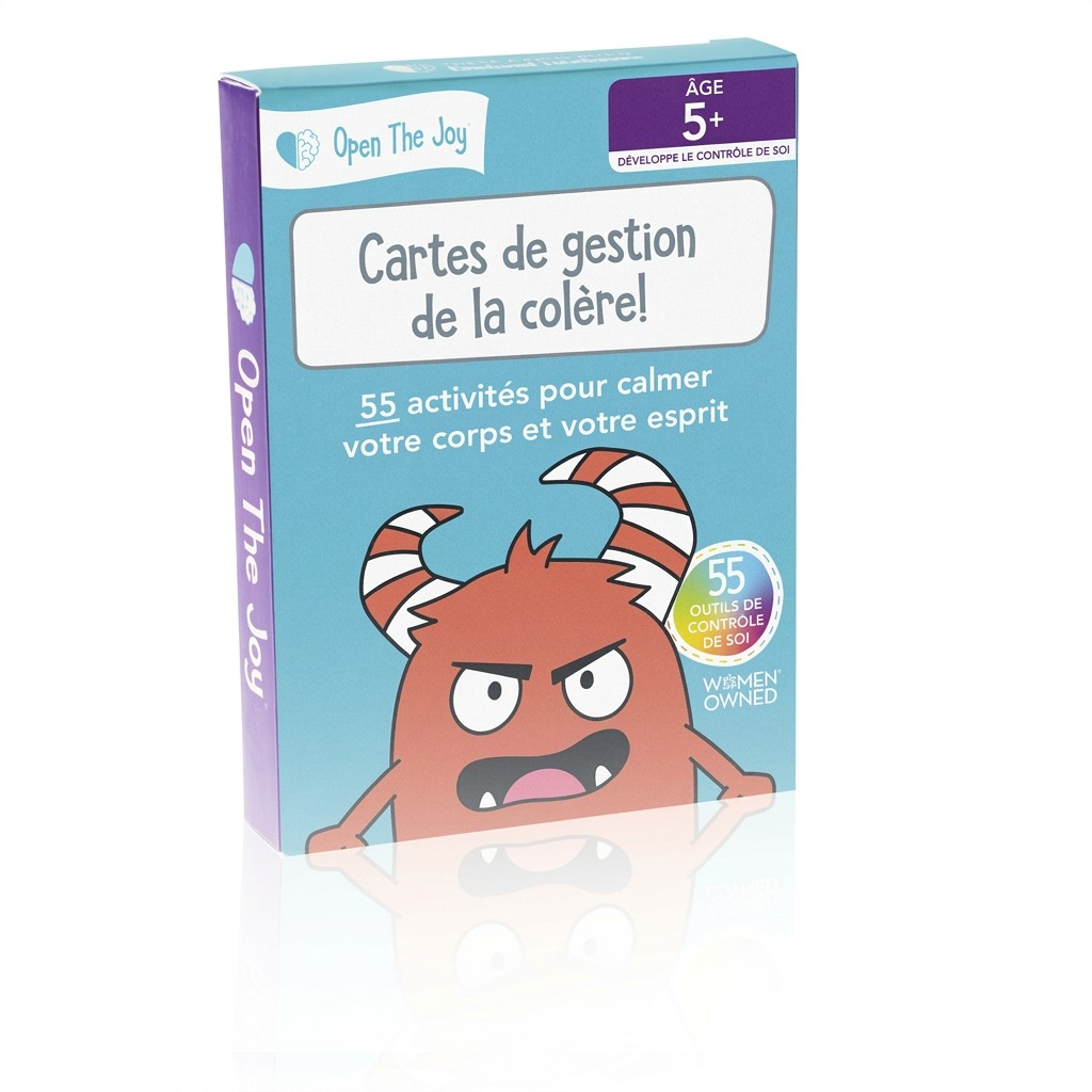 A high-resolution product photo of the Open The Joy anger management cards in French against white