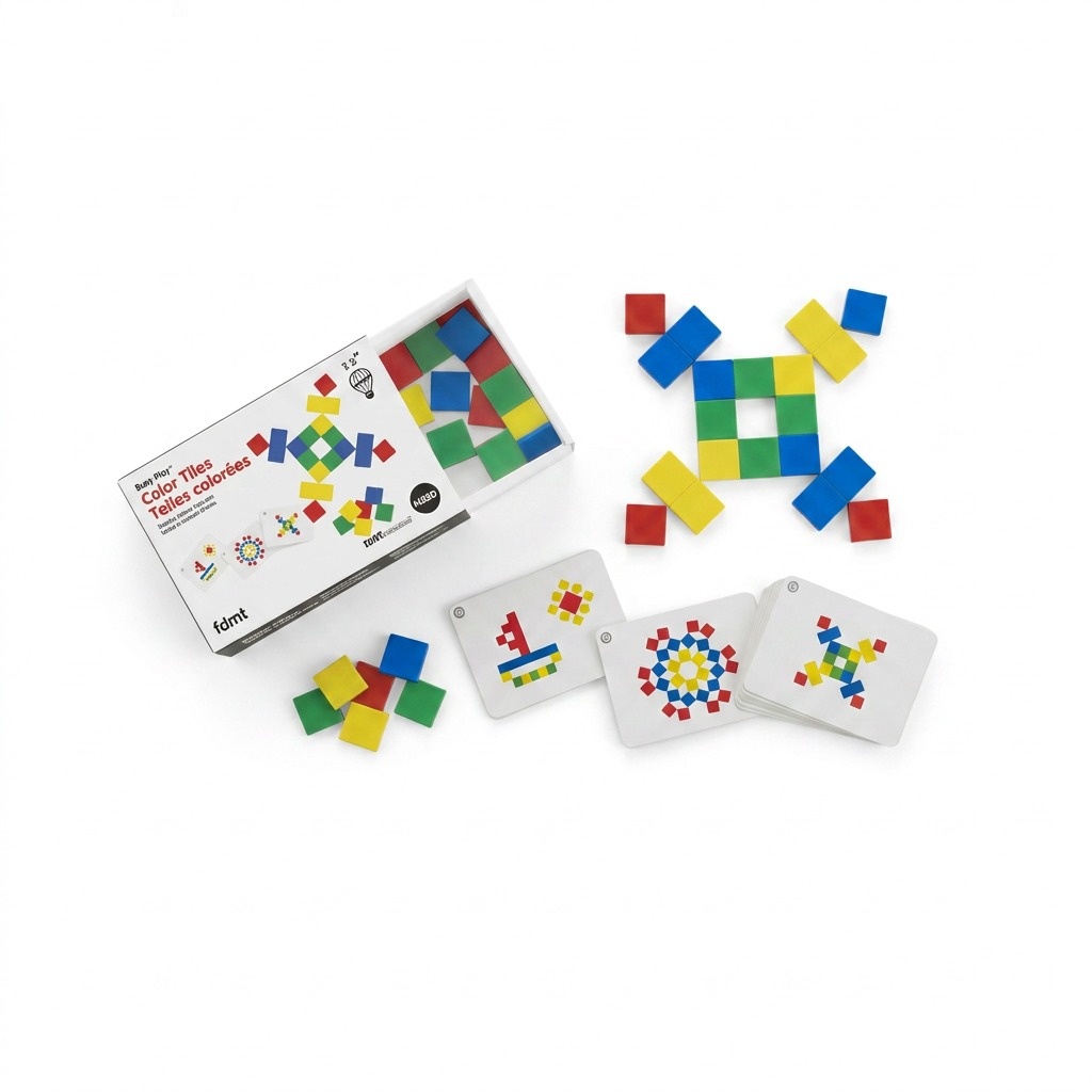 A complete set of fdmt Busy Play Color Tiles, with one intricate pattern built, three sample pattern cards, and an open storage box on a pure white background.