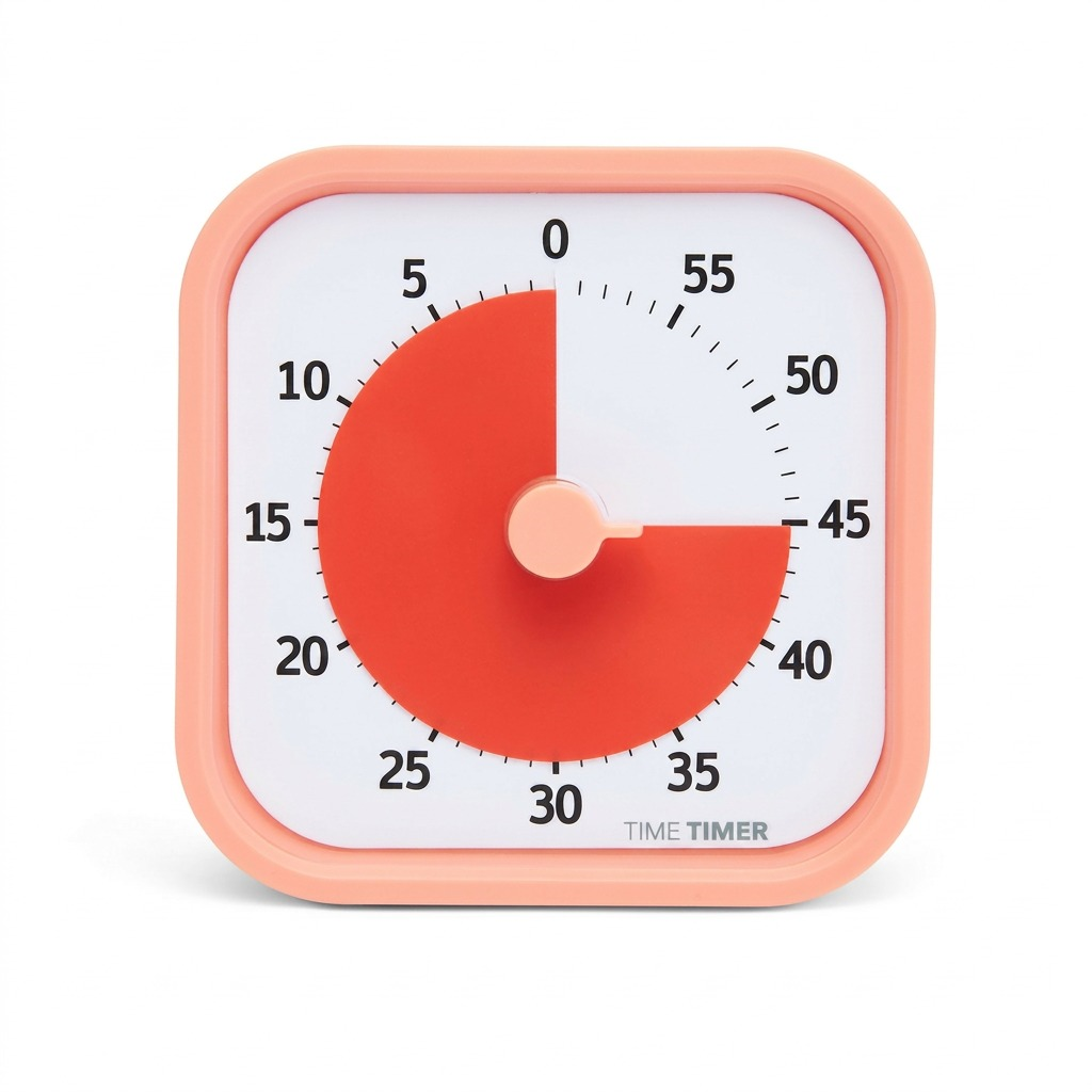 High-resolution ecommerce hero shot of the TIME TIMER MOD Home Edition in Dreamsicle Orange, set at 45 minutes, with a pure white background.