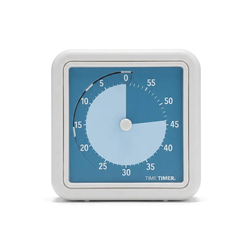 Crisp, high-resolution hero shot of the white fdmt Time Timer Retro Eco with blue face on a pure white background.