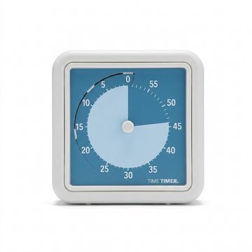 Crisp, high-resolution hero shot of the white fdmt Time Timer Retro Eco with blue face on a pure white background.