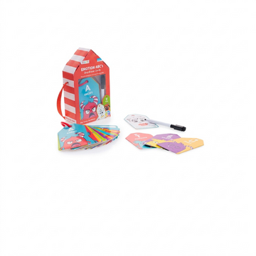 A high-resolution hero shot of the unpacked fdmt Emotions ABC's portable dry-erase activities, including the box, cards, and pen on a pure white background.