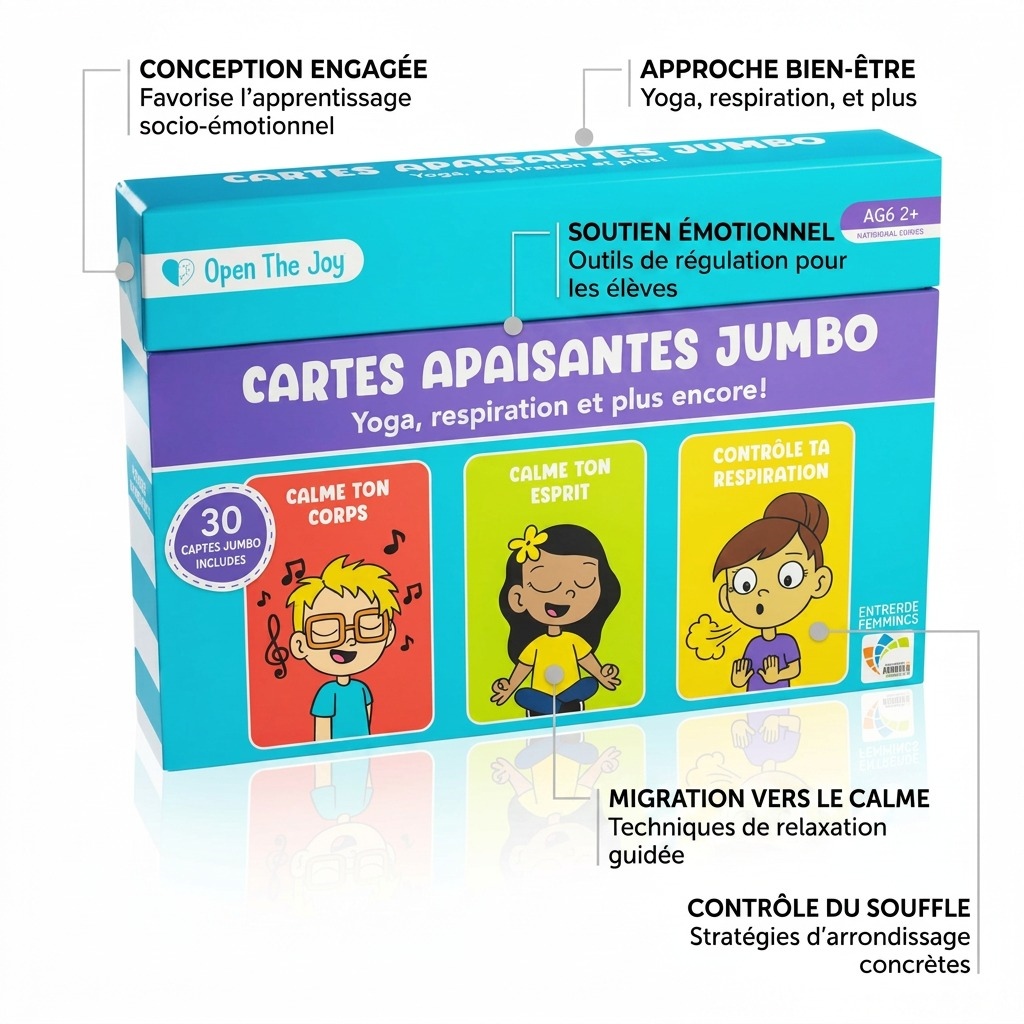 Product visualization of the Cartes Apaisantes jumbo box with feature callout labels in French.