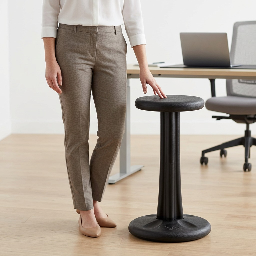 Black fdmt Kore Wobble Stool, 40cm height, with rounded seat and active sitting base on white background.