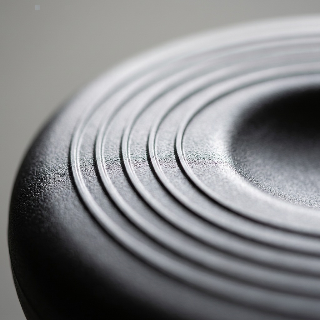 Macro detail of the fdmt Kore Wobble Stool's textured black seat showing concentric grip rings.