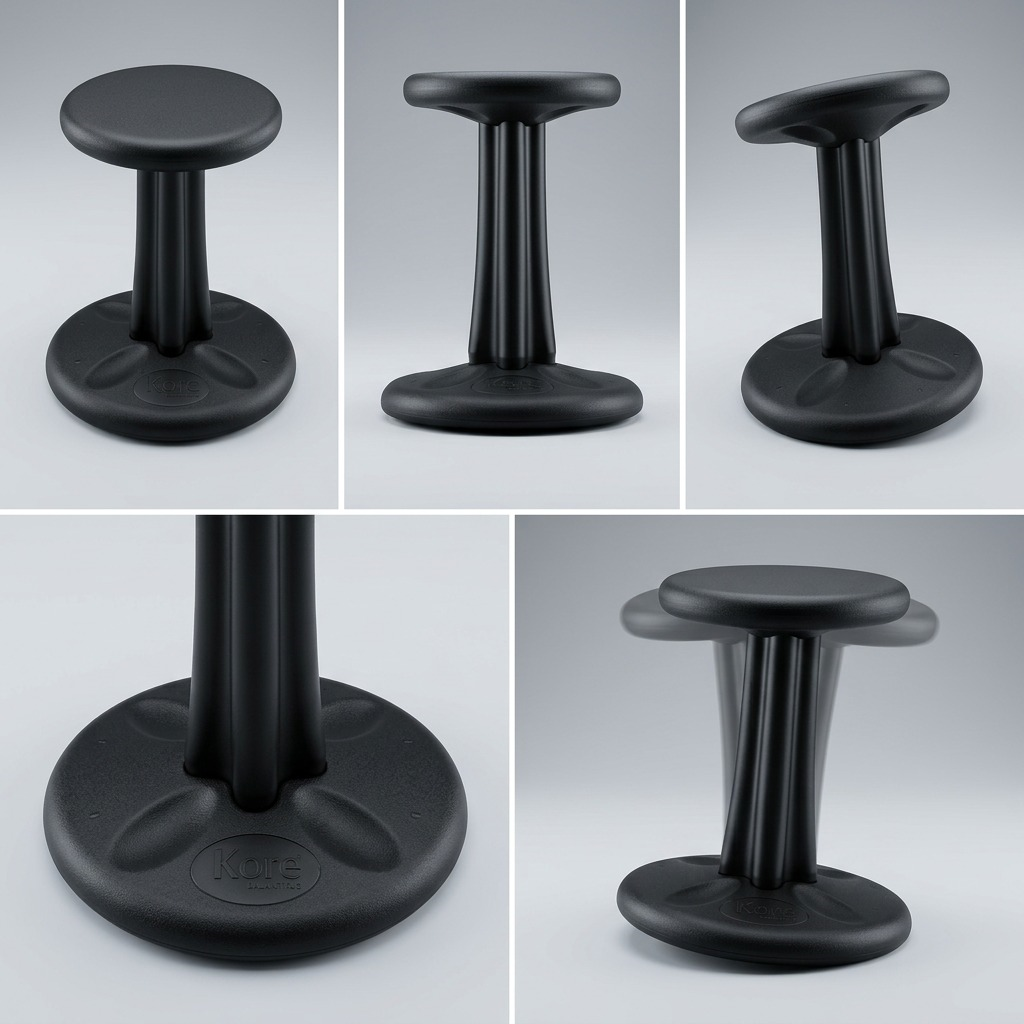 Grid showing the black fdmt Kore Wobble Stool 40cm from multiple angles, highlighting its ergonomic design and motion.