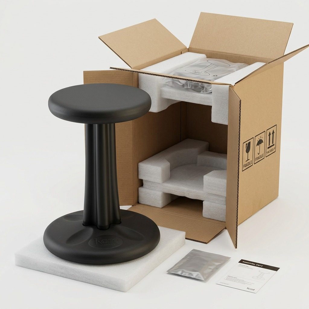 A black fdmt Kore Wobble Stool next to its open shipping box with protective foam inserts.