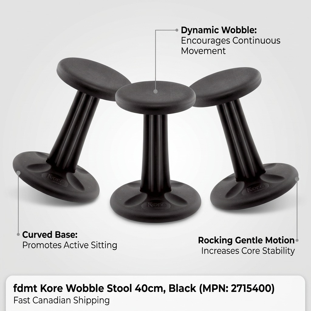 fdmt Kore Wobble Stool infographic showing the curved base and dynamic rocking motion for active sitting.