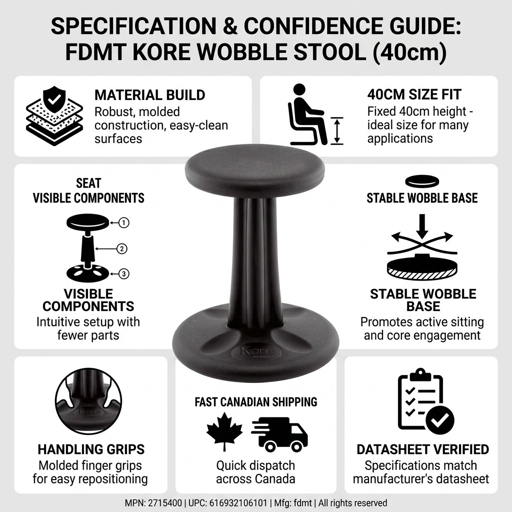 Infographic for black fdmt Kore Wobble Stool 40cm showing material build, 40cm fit, and wobble base.