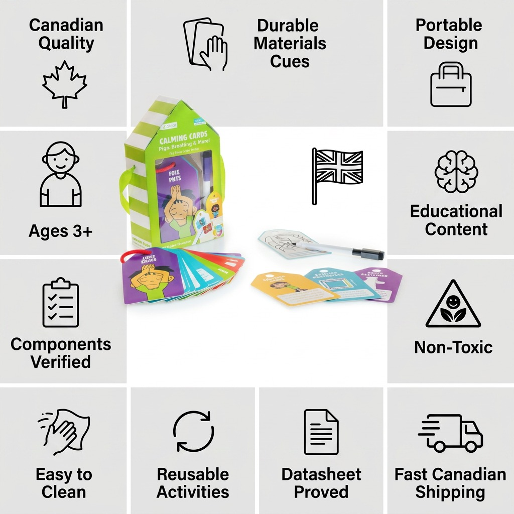 An infographic showing fdmt Calming Cards and trust cues like Canadian-made, safety, and fast shipping.