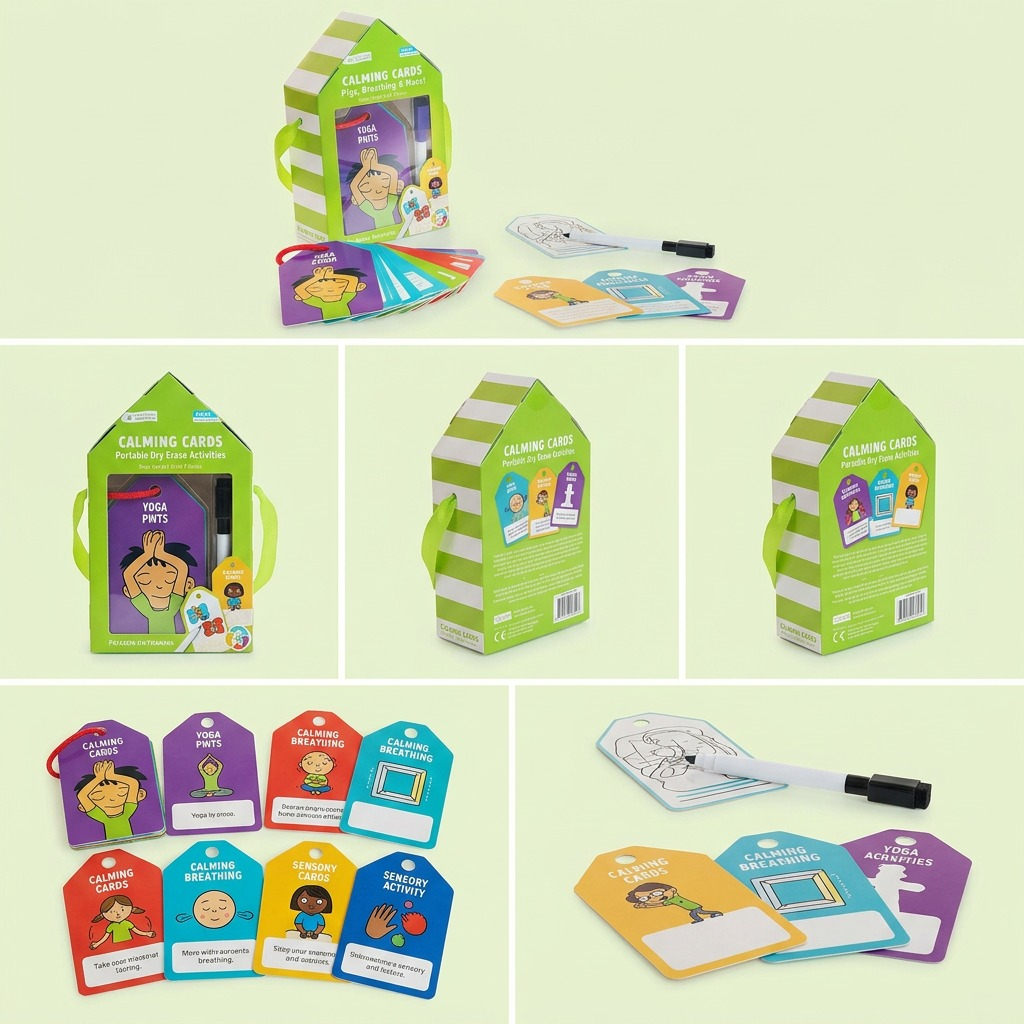 A five-panel grid showing the fdmt Calming Cards product from multiple angles: front, side, back, close-up, and top.