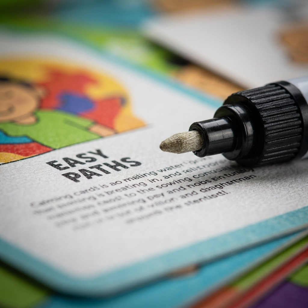 Extreme close-up of a dry-erase card from the fdmt Calming Cards, showing textured surface, pen cap detail, and colorful graphics with fine print, emphasizing quality.