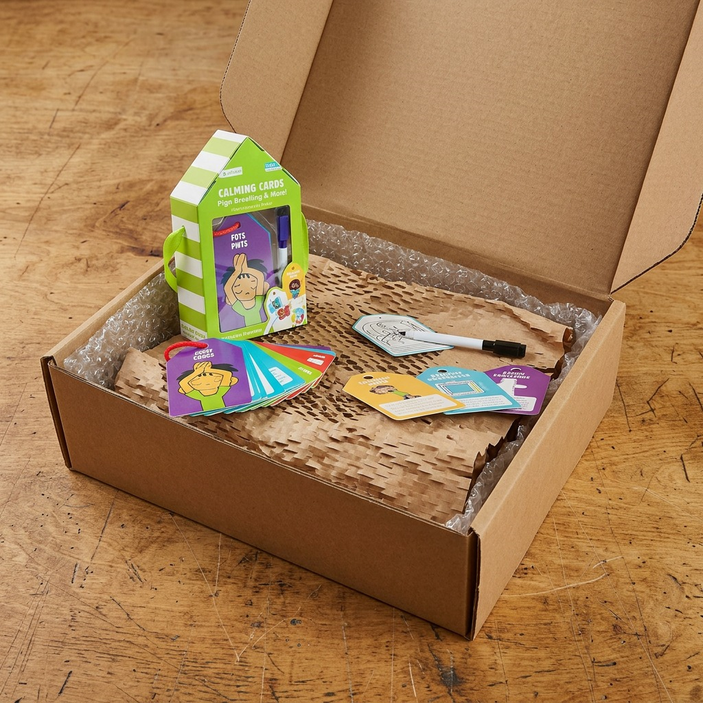 Packaging for fdmt Calming Cards nestled in kraft paper filler inside a cardboard box.