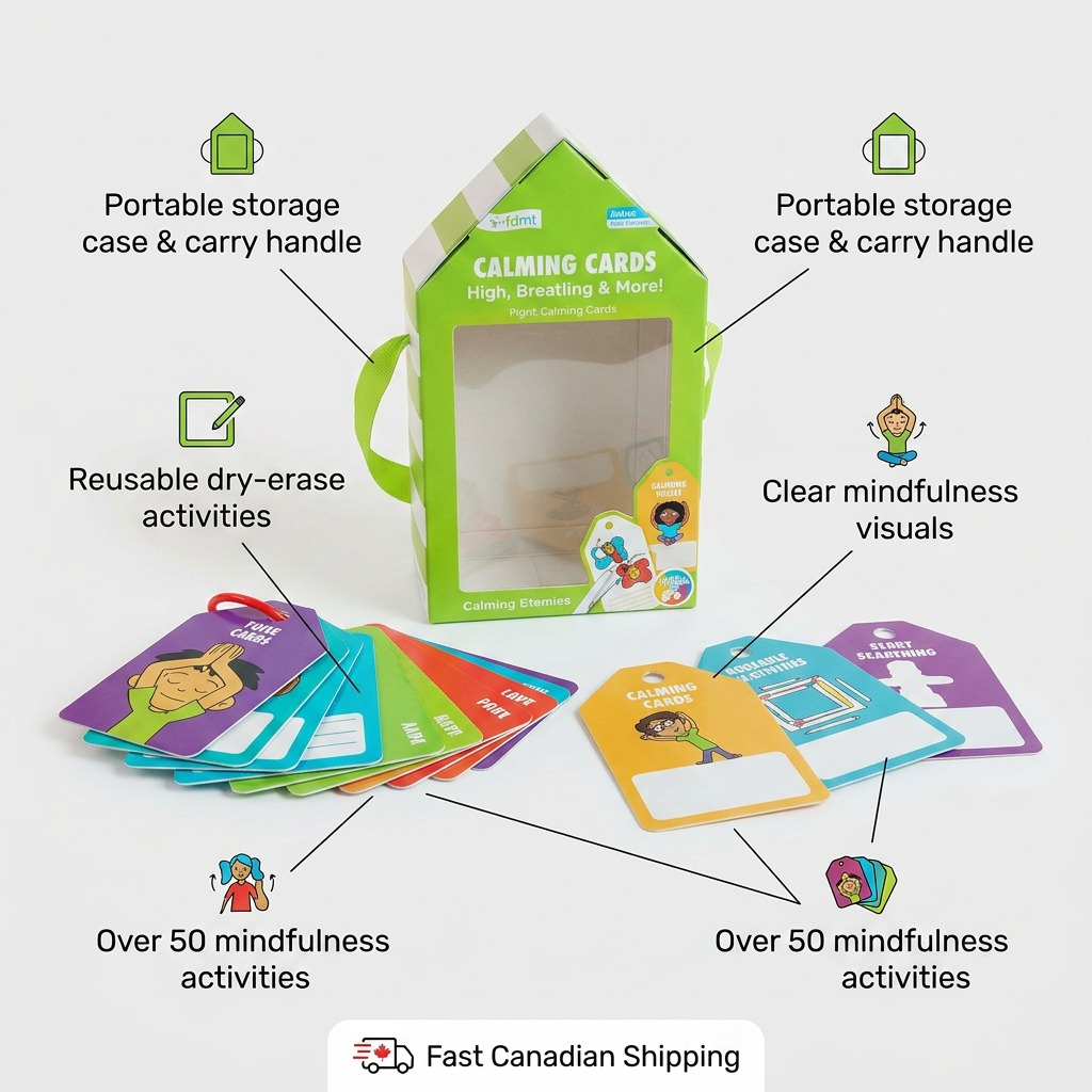 Feature callout infographic of the fdmt Calming Cards, highlighting reusable dry-erase activities and over 50 mindfulness activities.