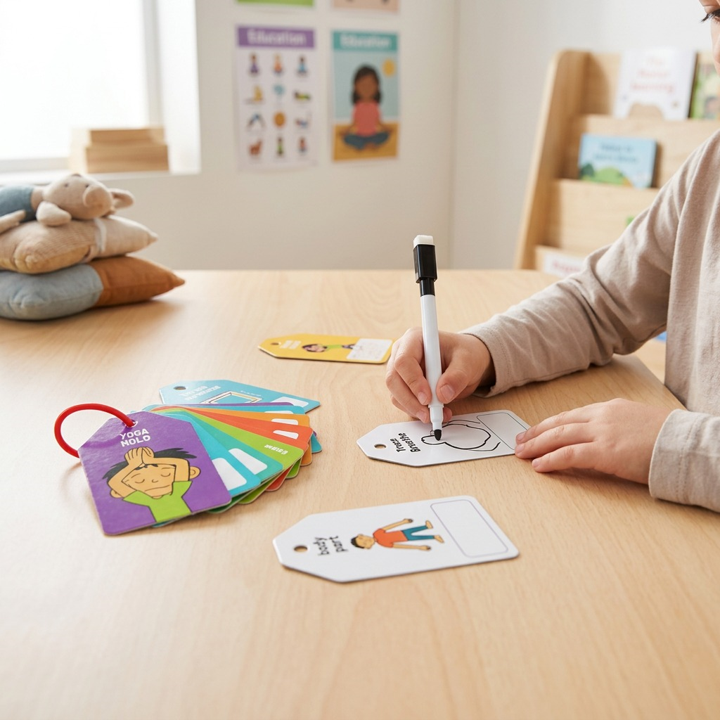 A child's hand using a fdmt Calming Card (yoga pose illustration visible) with a marker in a cozy room set.