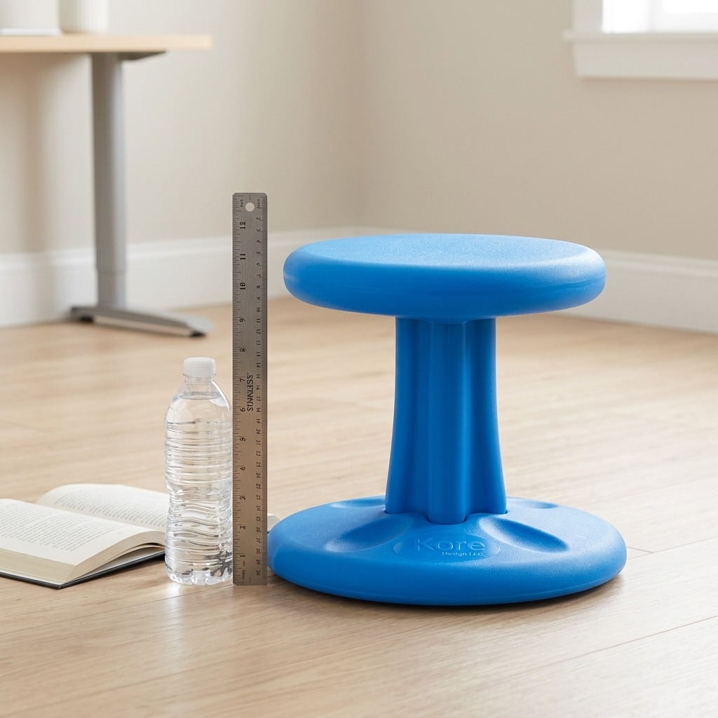 A blue 30cm fdmt Kore Wobble Stool on a wood floor next to a ruler and water bottle for scale.
