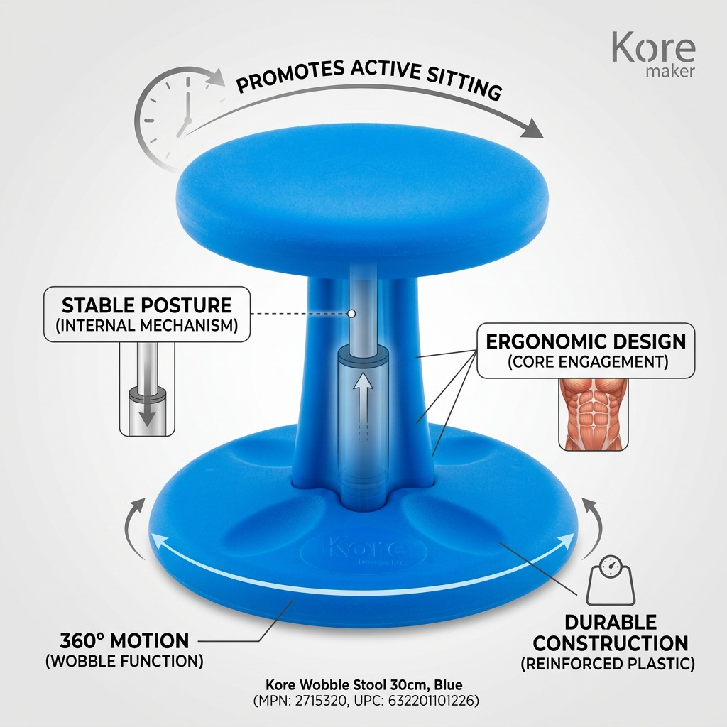 Blue fdmt Kore Wobble Stool 30cm showing features like 360-degree motion and ergonomic active sitting.
