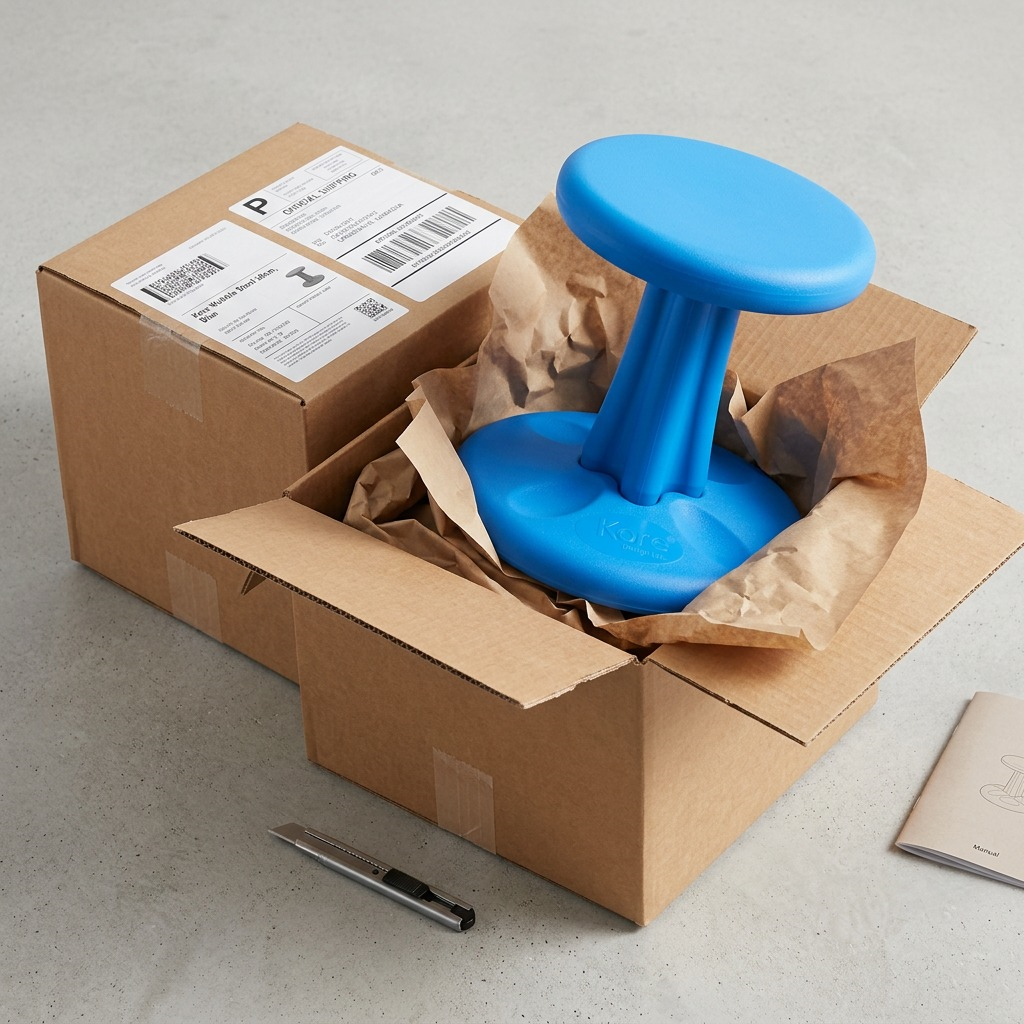 A blue fdmt Kore Wobble Stool 30cm inside a cardboard shipping box with protective paper packing.