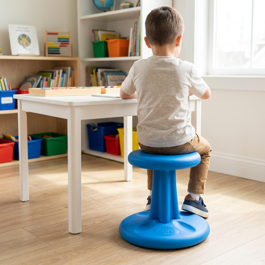 A child sitting on a blue fdmt Kore Wobble Stool at a white desk in a bright playroom.