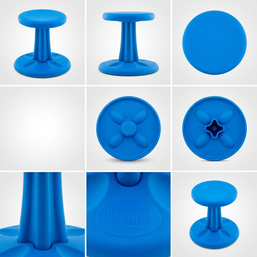 Grid of 8 images showing the blue 30cm fdmt Kore Wobble Stool from various angles and close-up views.