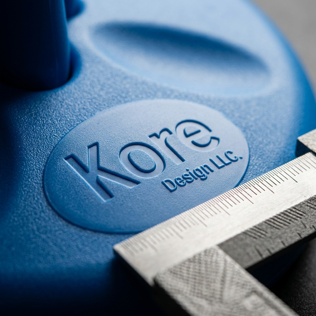 Macro detail of blue Kore Design LLC logo on the textured surface of a 30cm fdmt Kore Wobble Stool.