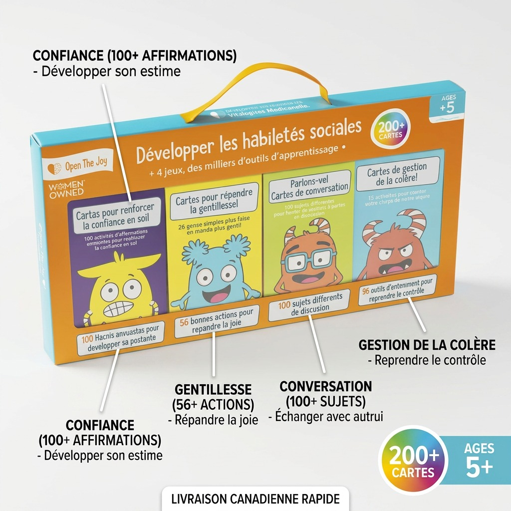 PDP feature graphic of the social skills card set, highlighting the four key conversation areas with short, benefit-focused labels in French.