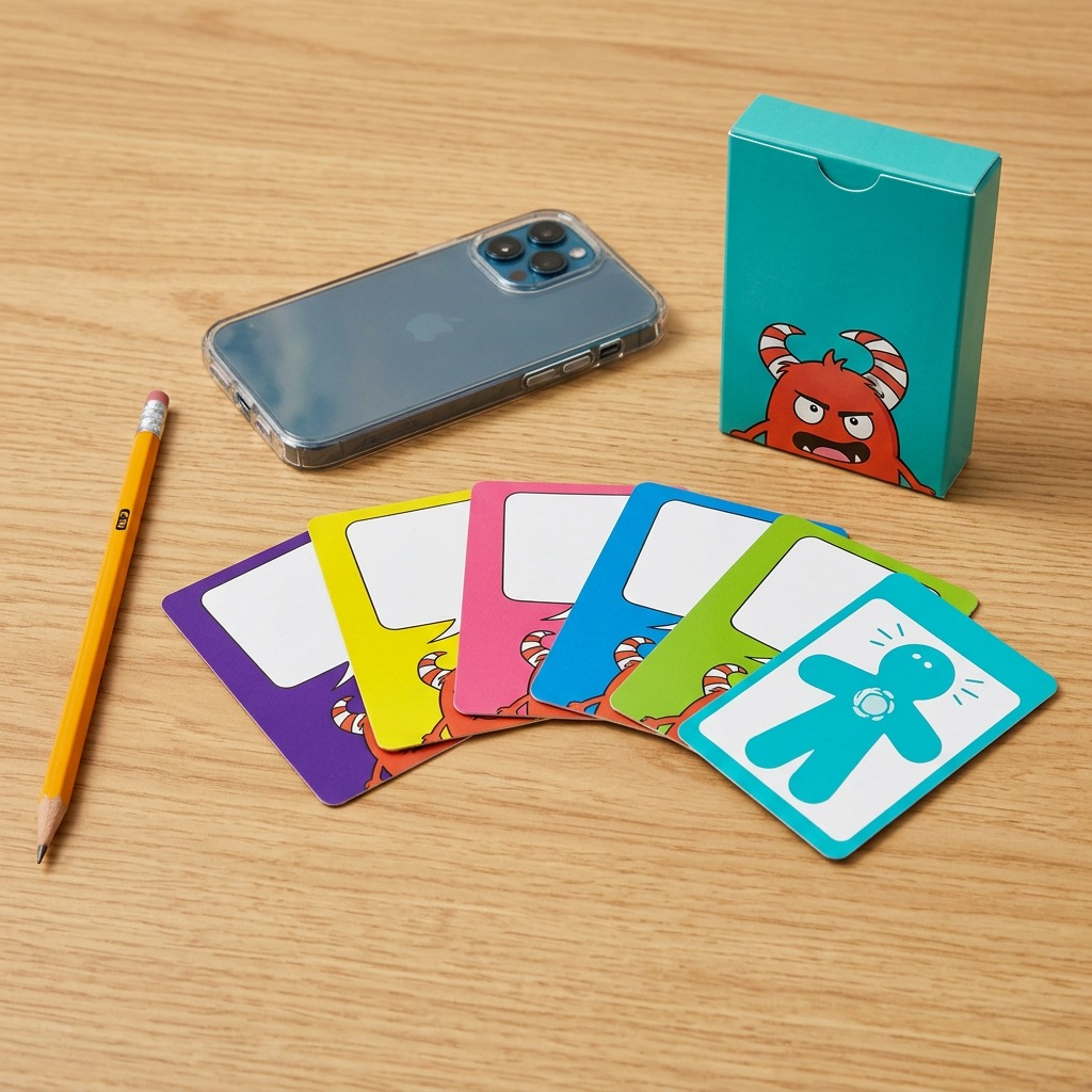 A photograph showing the Anger Management Cards deck and fanned cards placed next to a common pencil and smartphone for scale.