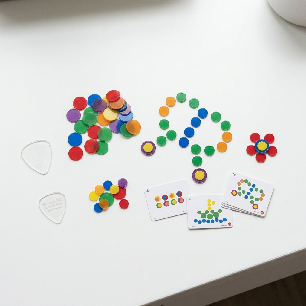 fdmt Busy Play Round Chips are shown at scale next to a standard clear guitar pick.