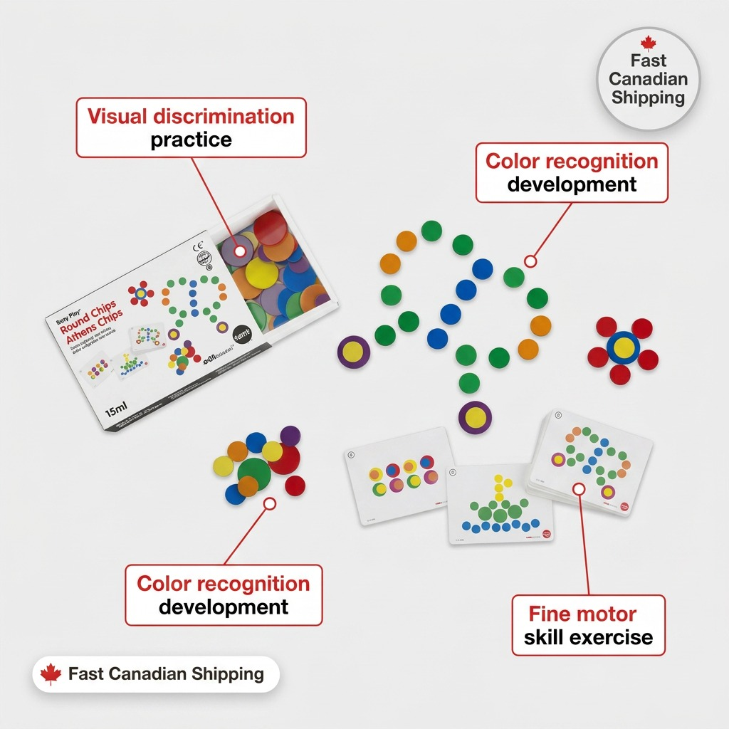An ecommerce infographic on a clean, light grey background with red pointer lines and white callout text boxes identifying features of the fdmt Busy Play Round Chips kit. Callouts include: "Fine motor skill exercise", "Visual discrimination practice", "Color recognition development". A "Fast Canadian Shipping" badge and text are featured.