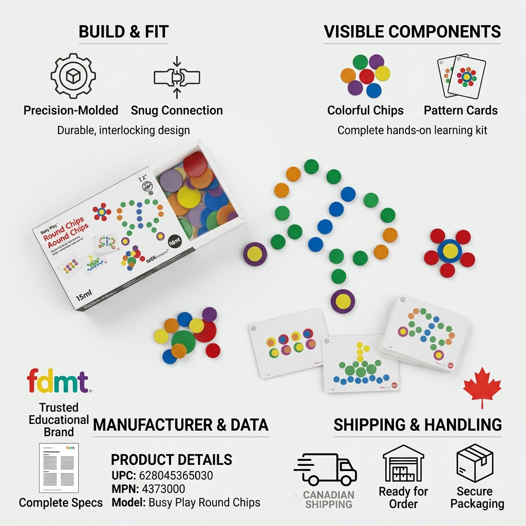 Trust and authority infographic for fdmt Busy Play Round Chips with accurate specifications and local shipping.