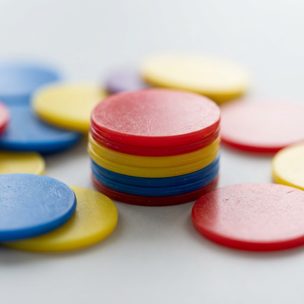 A macro close-up showing stacked and scattered colorful plastic fdmt Busy Play tokens, revealing injection molding marks and material texture.