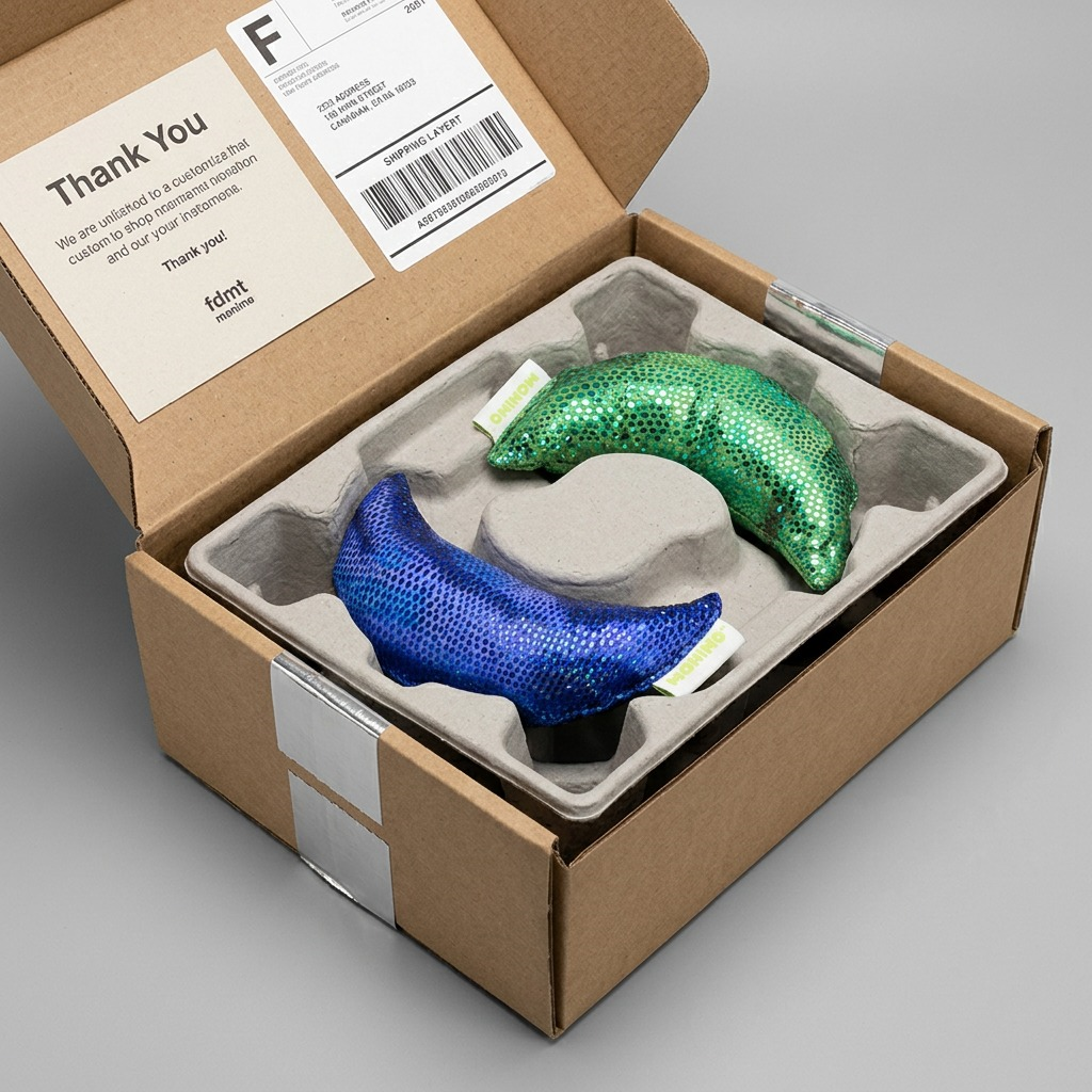 Unboxing shot of protected fdmt manimo Blue Half Moon Balls with "MANIMO" tags, in neutral packaging.
