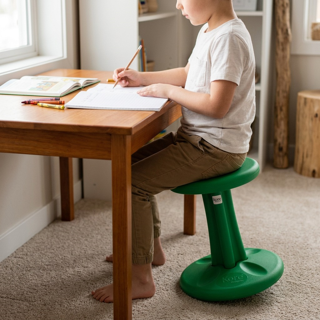 Green fdmt Kore Wobble Stool 36cm for active kids' sitting, featured on a white background.