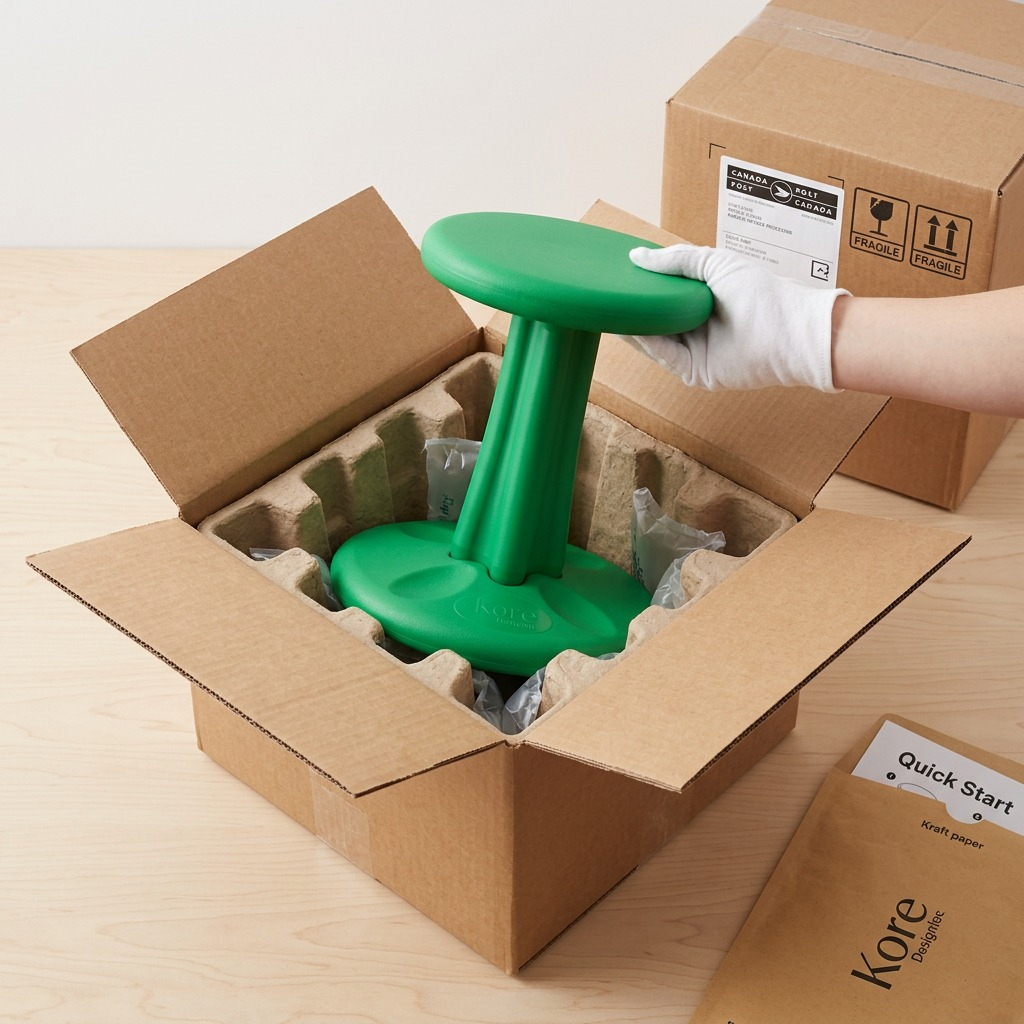 A green fdmt Kore Wobble Stool being unboxed from a secure cardboard shipping container.