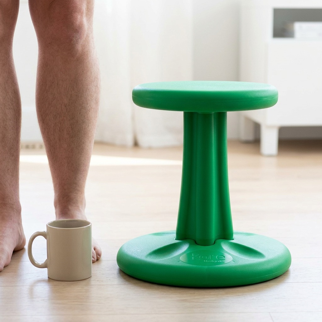 A 36cm green fdmt Kore Wobble Stool next to a coffee mug and person for size scale reference.