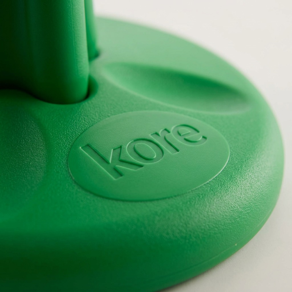 Macro detail of the embossed Kore logo and textured plastic surface on the green Wobble Stool base.