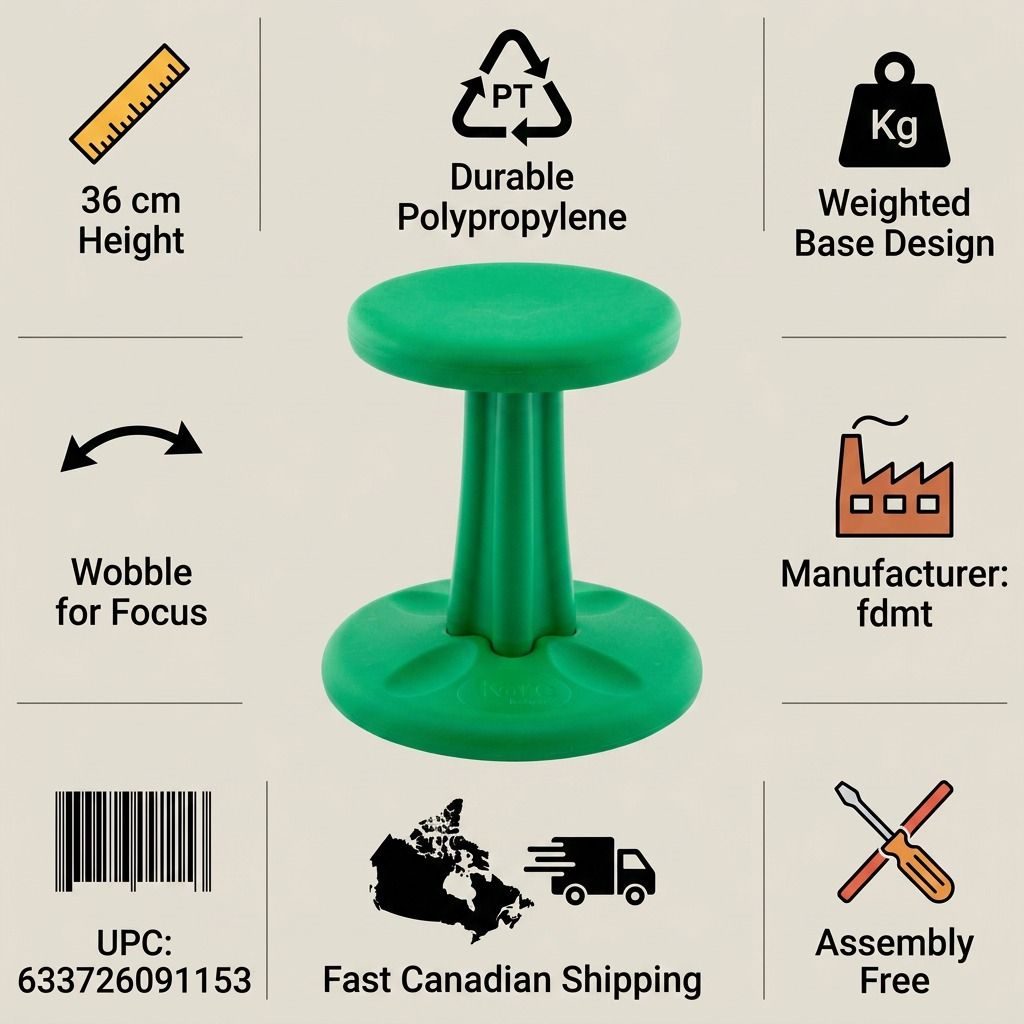 Infographic for the green 36cm fdmt Kore Wobble Stool highlighting durable build and fast shipping.